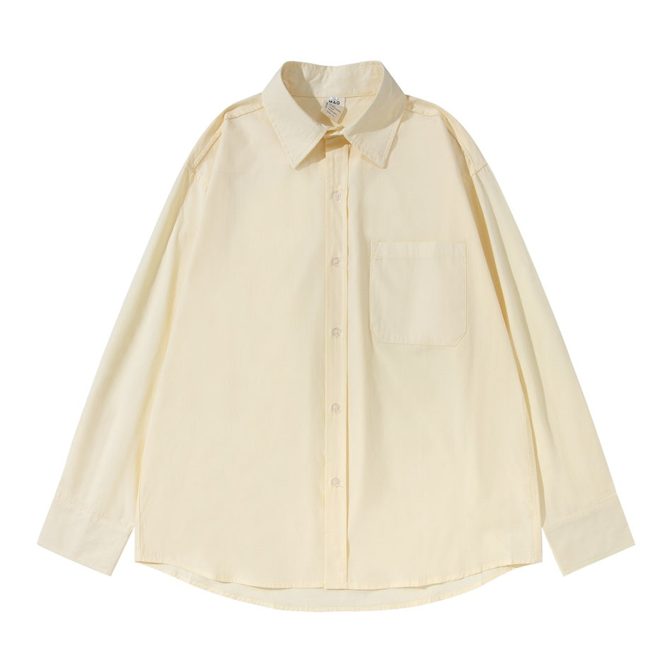 Beige long-sleeve button-up shirt with chest pocket, flat lay front view