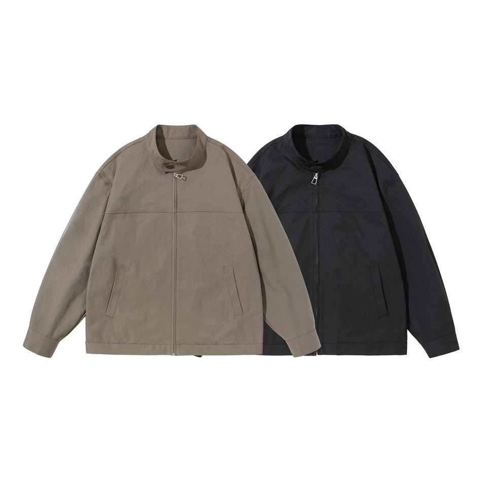 Two front-view jackets with stand collars and zip closures, in taupe and black.