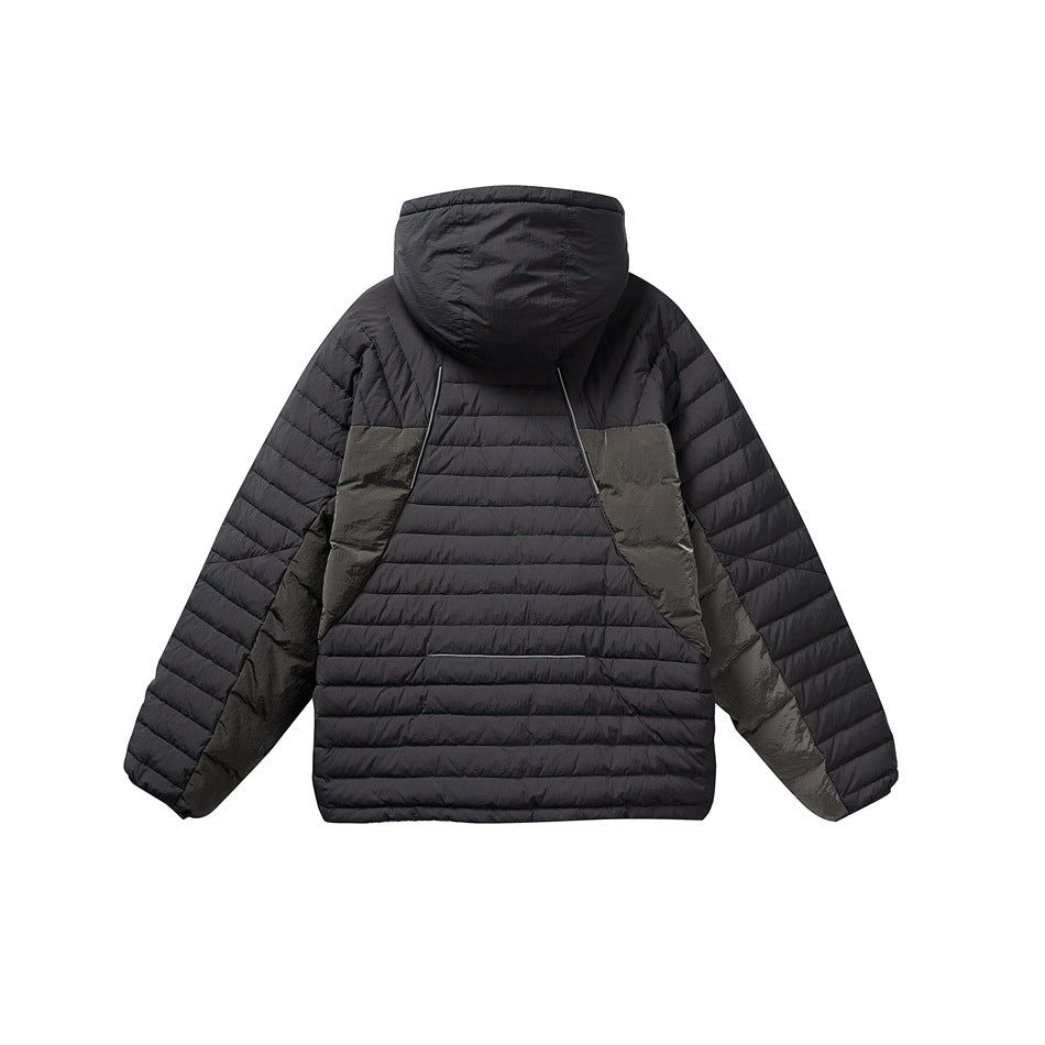 Back view of a black quilted hooded jacket with dark olive side panels and sleeves.