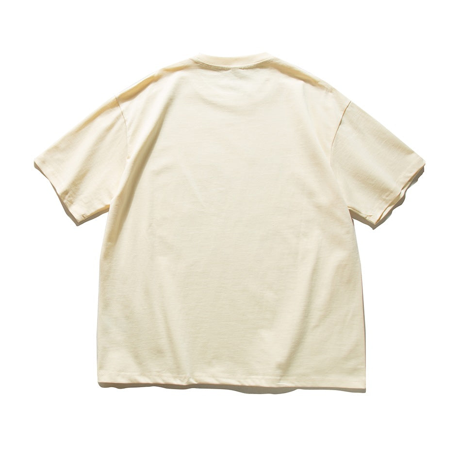 Back view of a plain apricot short-sleeve crew-neck t-shirt, flat lay