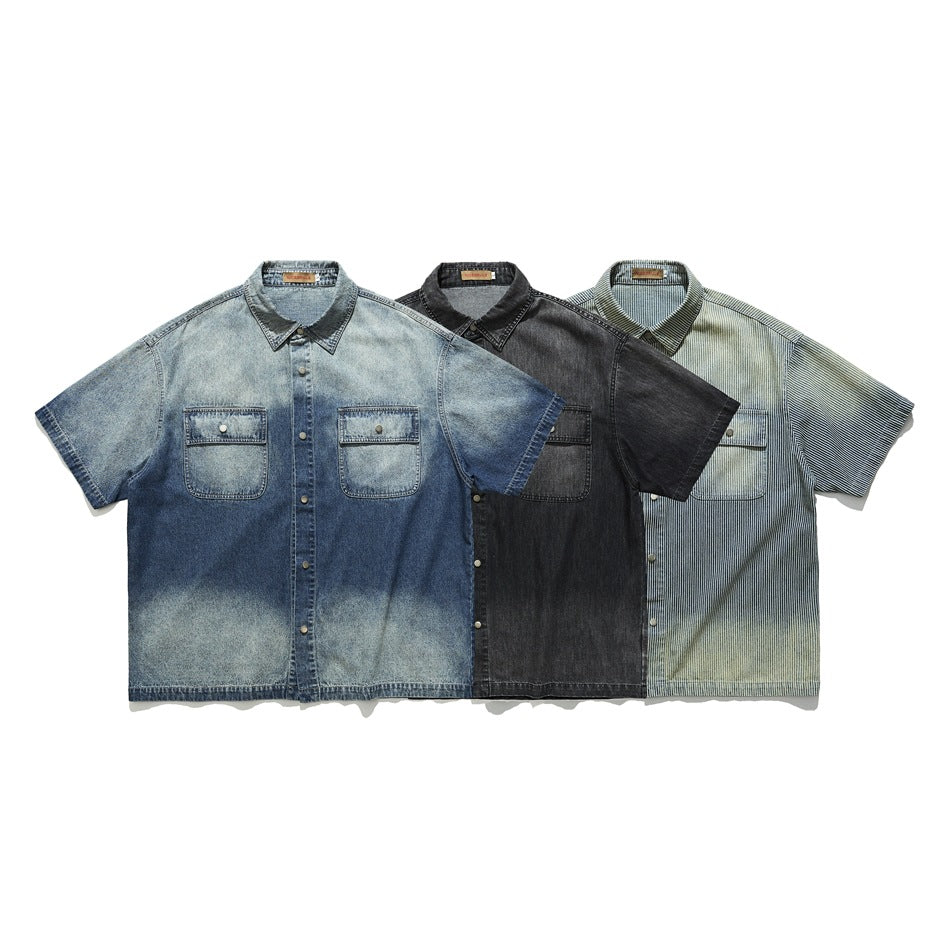 Three short-sleeve button-up shirts shown from the front in faded blue denim, black denim, and light stripes.