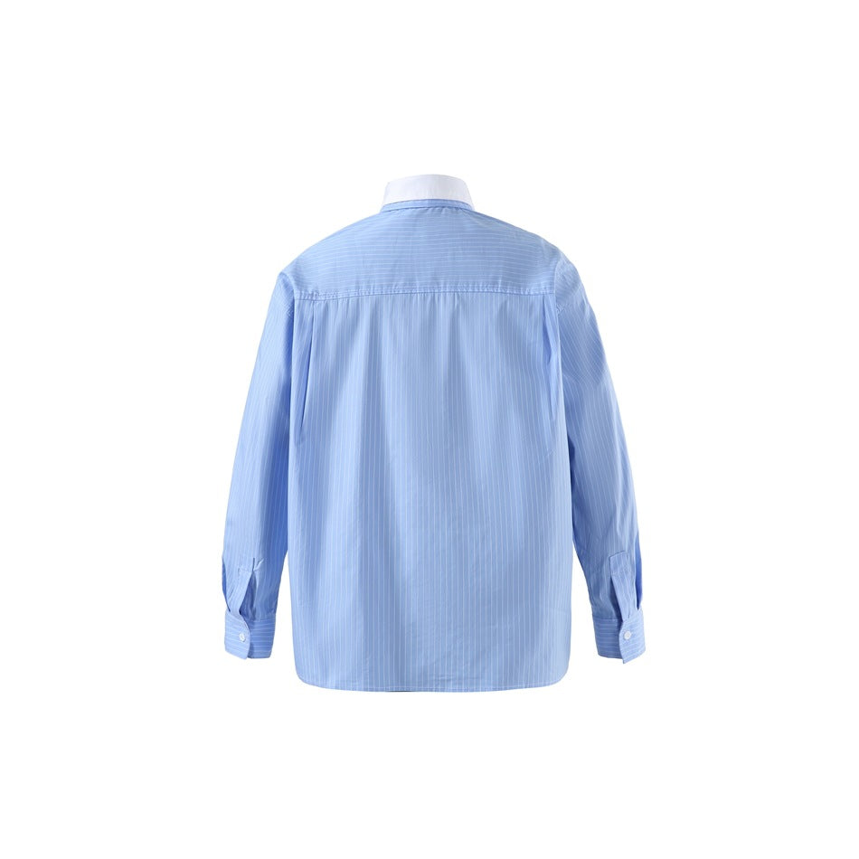 Back view of blue pinstriped long-sleeve shirt with white collar, back yoke and button cuffs on white background