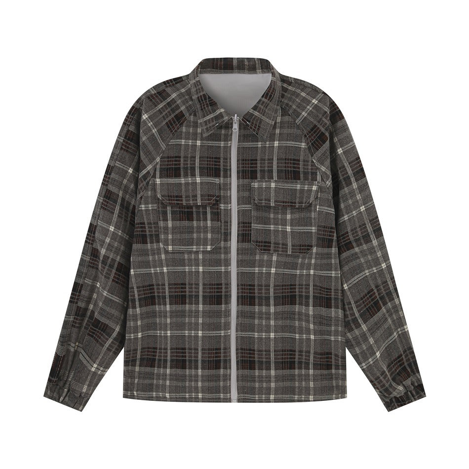 Gray plaid zip-front jacket with a pointed collar, two flap chest pockets and long sleeves, shown flat against white.