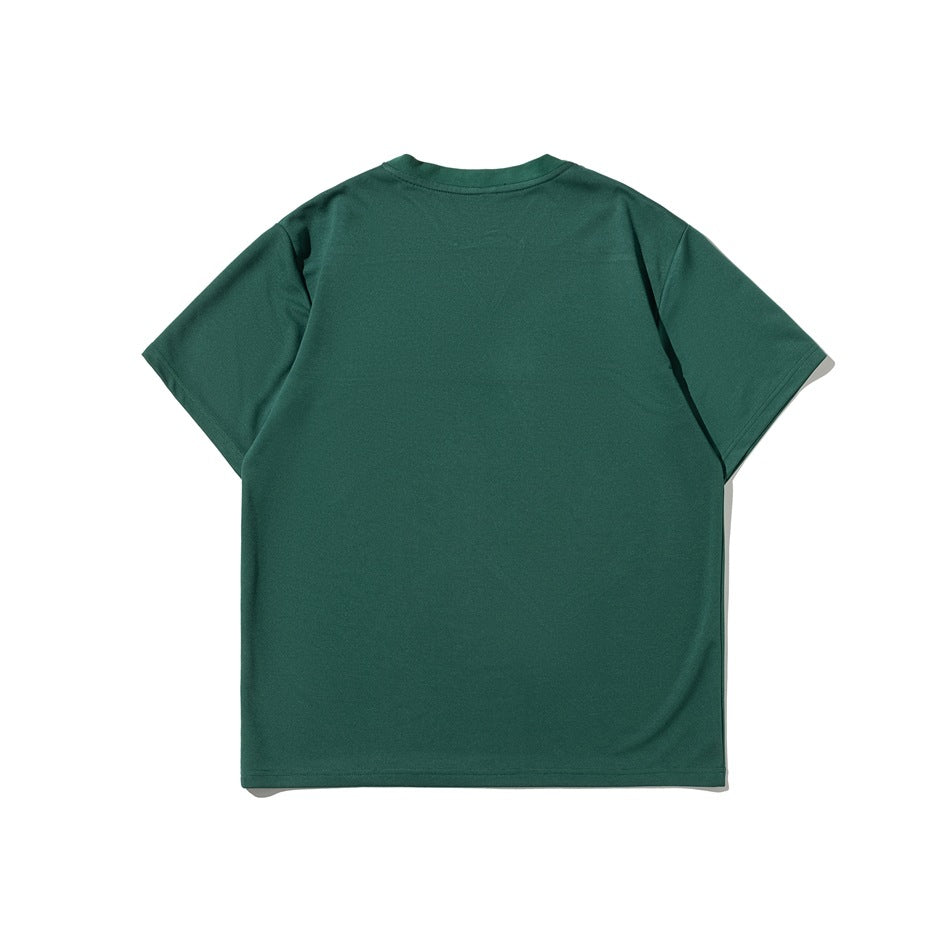 Back view of plain green short-sleeve T-shirt with ribbed round neckline, flat lay