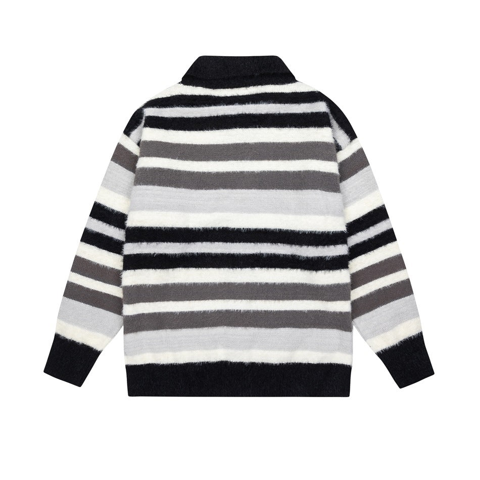 Back view of a black, gray, and white horizontally striped cardigan on a white background.