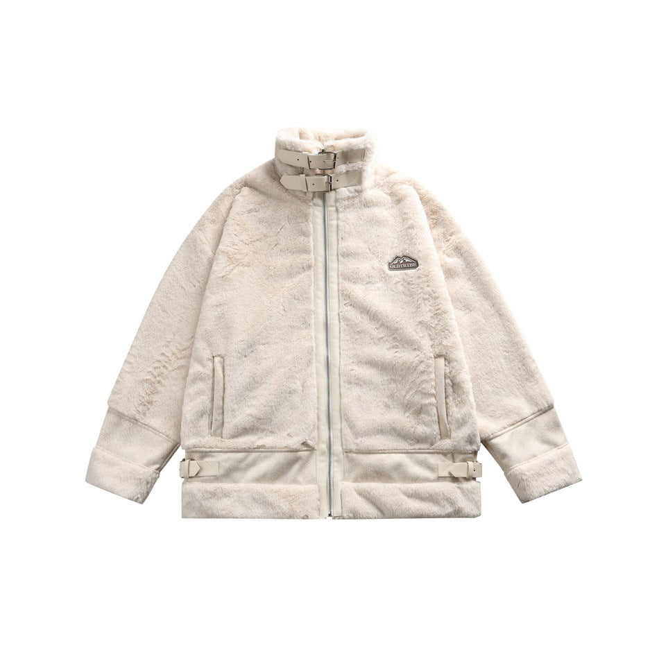 Off-white plush stand-collar zip jacket with buckled collar straps, hem buckle tabs and a chest patch, flat front view
