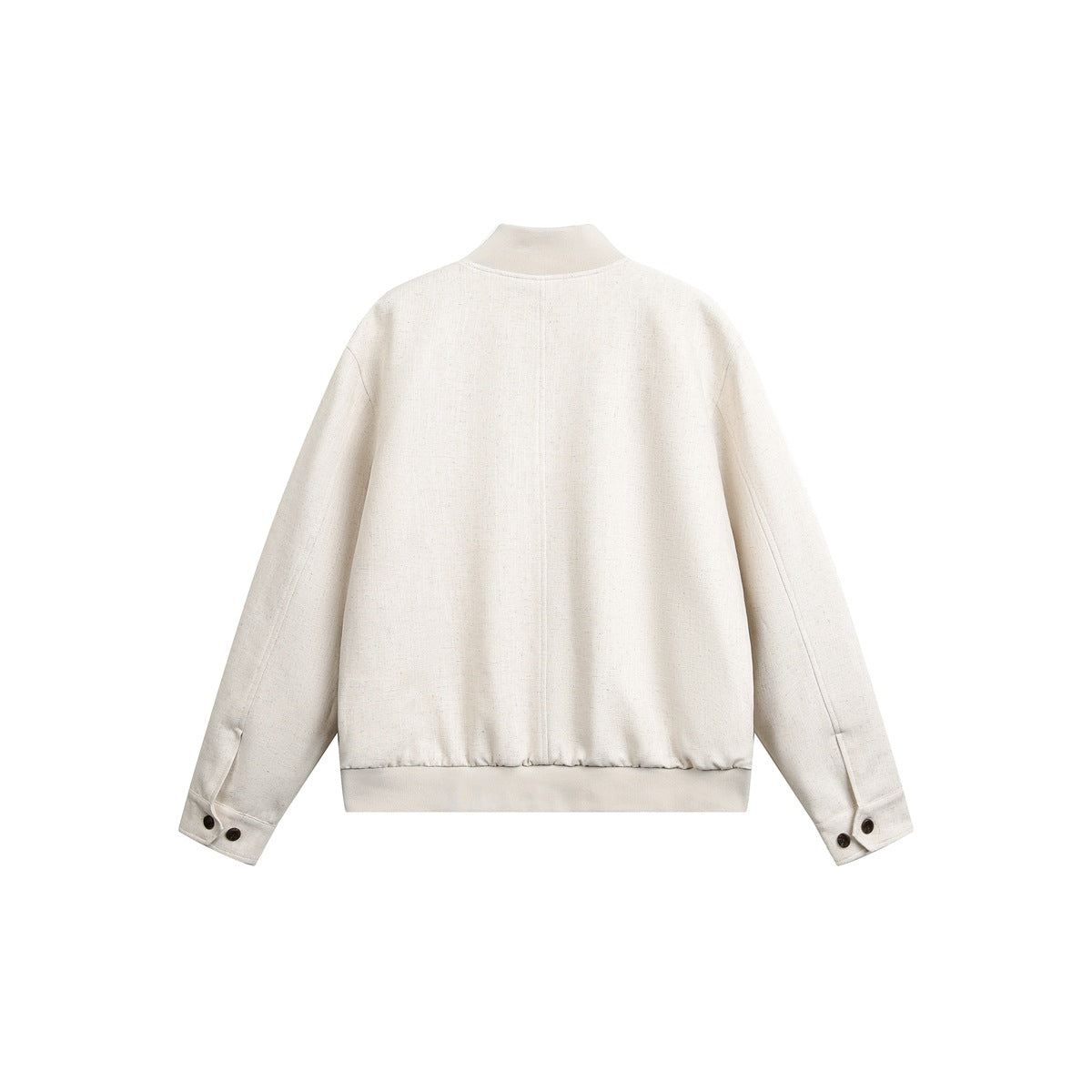 Back view of a cream stand-collar jacket with long sleeves, buttoned cuffs, and a ribbed hem.