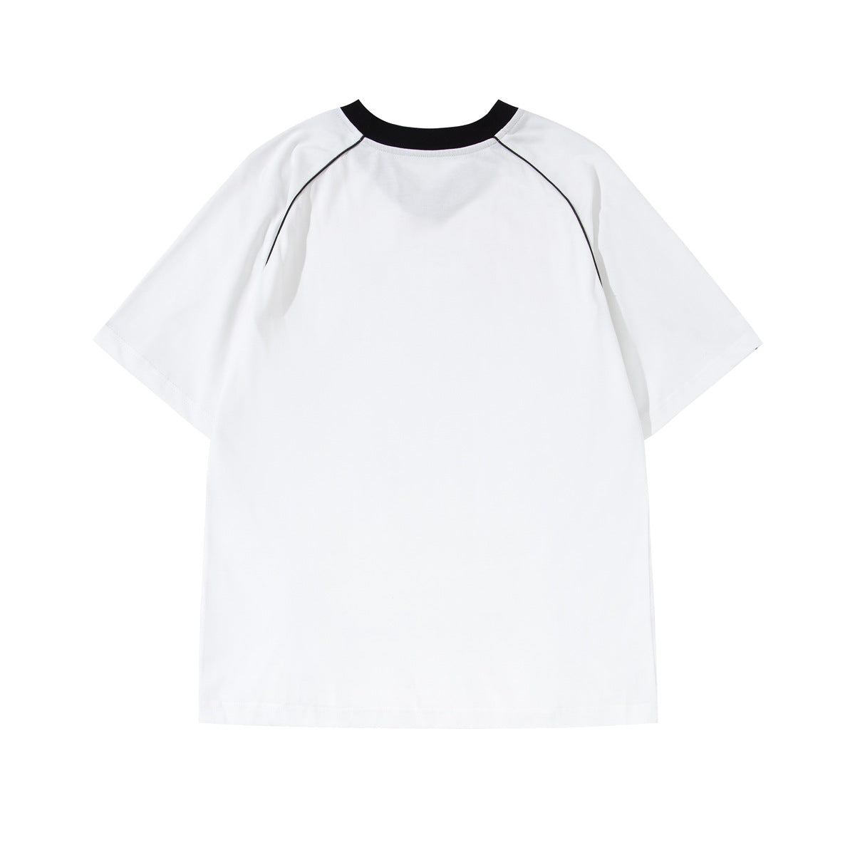 White short-sleeve T-shirt laid flat, with a black crew neck and thin black piping along the raglan seams.
