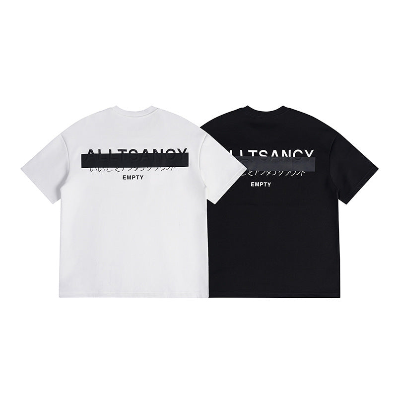 White and black short-sleeve crew-neck T-shirts shown from the back, with large text graphics.