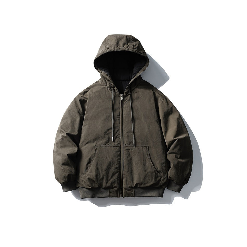 Army green hooded zip-front puffer jacket with drawstring hood, front pouch pocket and ribbed hem, flat view