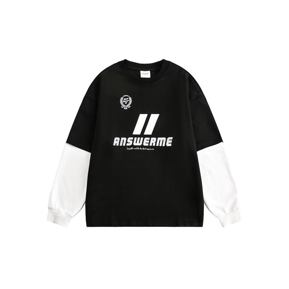 Black crew-neck layered-look top with white sleeves and ribbed cuffs, white slanted bars and ANSWERME print