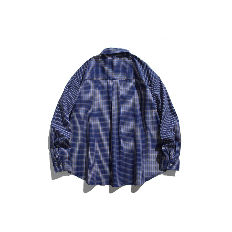 Back view of a blue checked long-sleeve shirt laid flat, showing a yoke and center pleat.