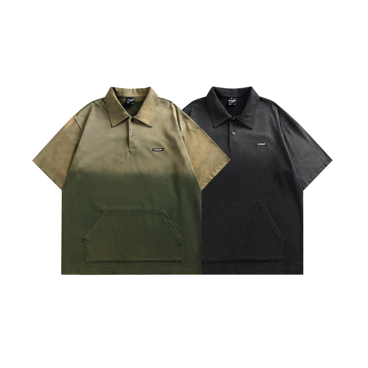 Two short-sleeve collared shirts shown from the front: olive with a lighter upper section and black, both with front pockets.