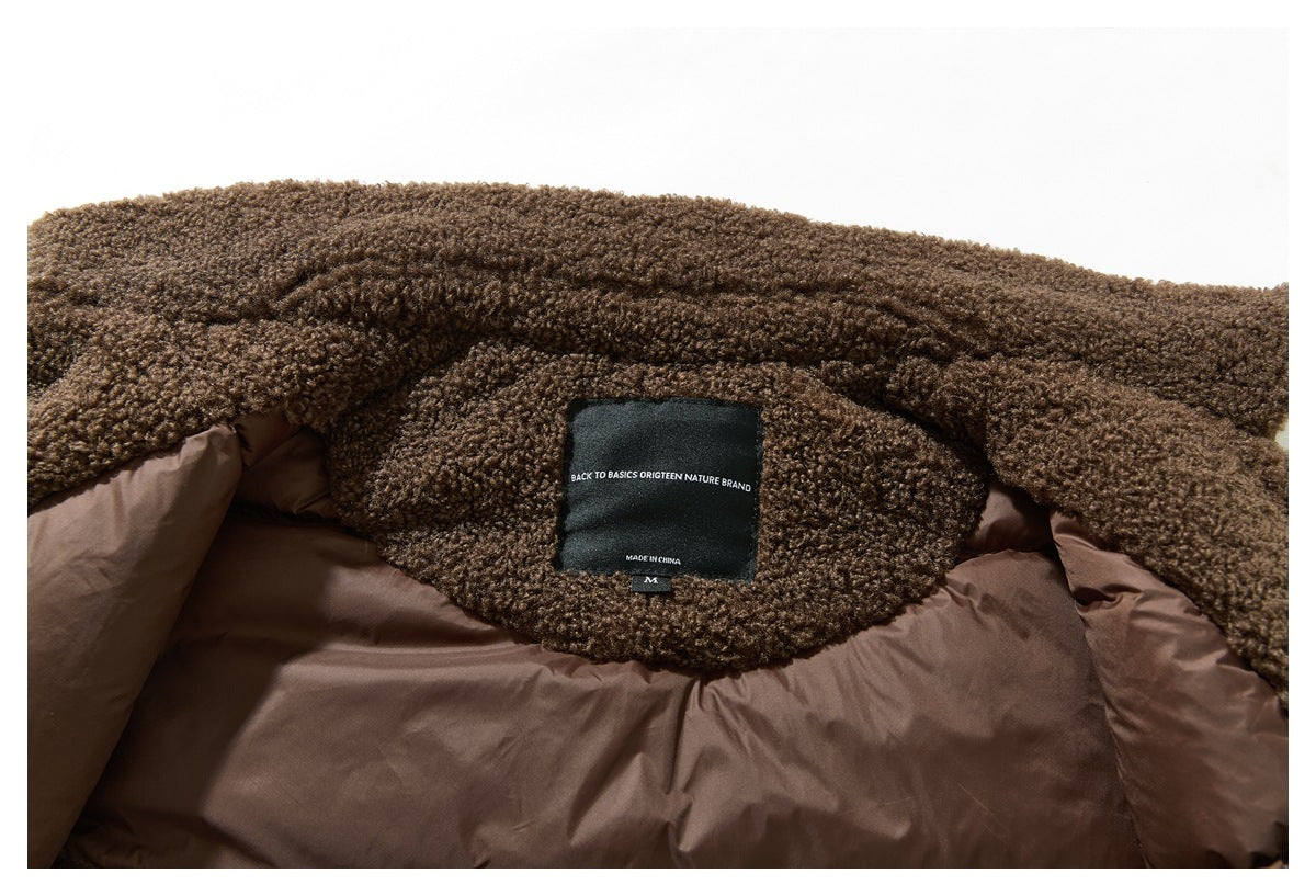 Close view of the jacket's brown fleece collar lining and sewn neck label.