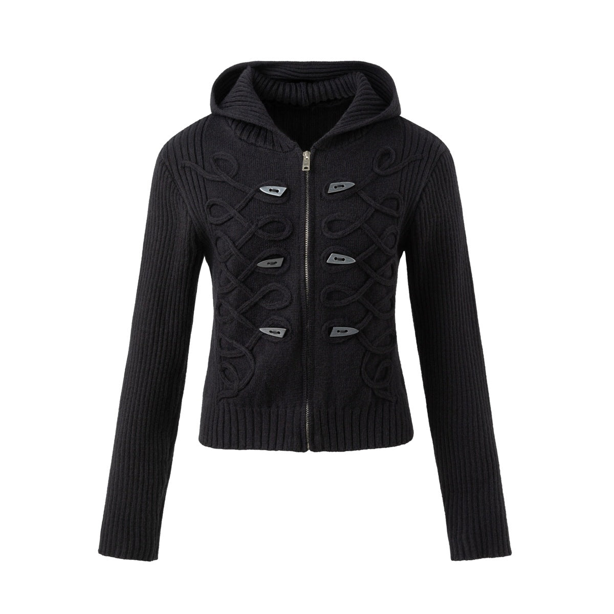 Black ribbed knit hooded zip jacket with looped cord detail and toggle buttons, front view
