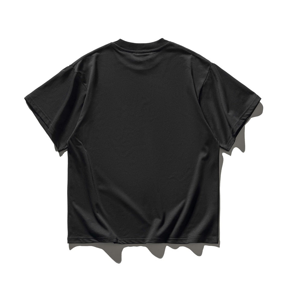 Back view of a plain black short-sleeve crew-neck T-shirt laid flat against a white background.