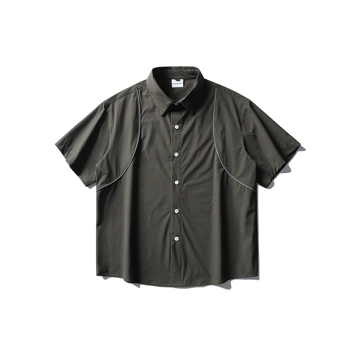 Dark gray short-sleeve button-up shirt flat lay with white buttons and light gray curved piping on the chest