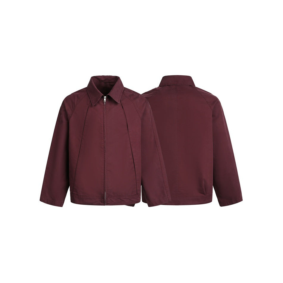 Burgundy collared zip jacket shown from the front and back against a white background.