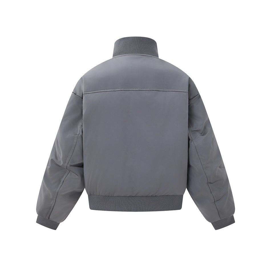 Back view of a gray jacket with a ribbed collar, hem, and cuffs.