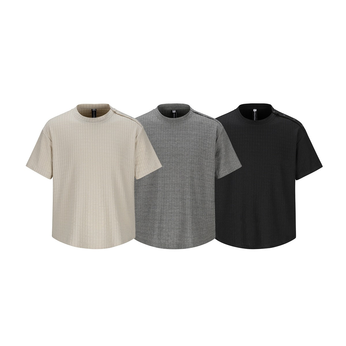 Three short-sleeve ribbed crew-neck T-shirts in beige, gray, and black, shown from the front.
