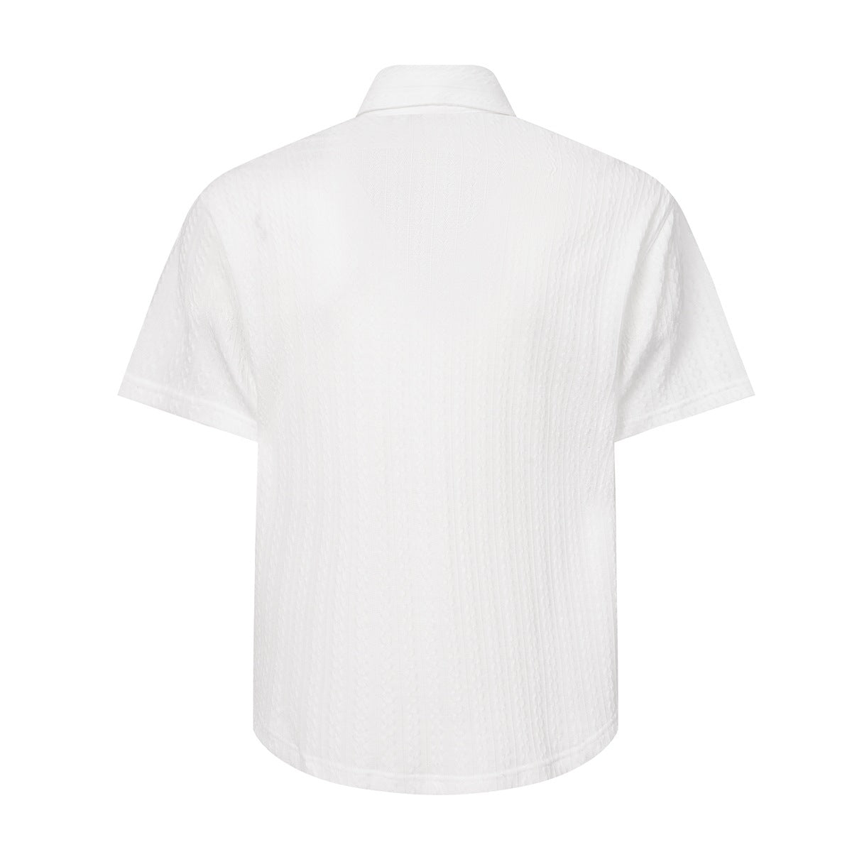 Ivory white short-sleeve shirt with textured vertical pattern, back view with collar
