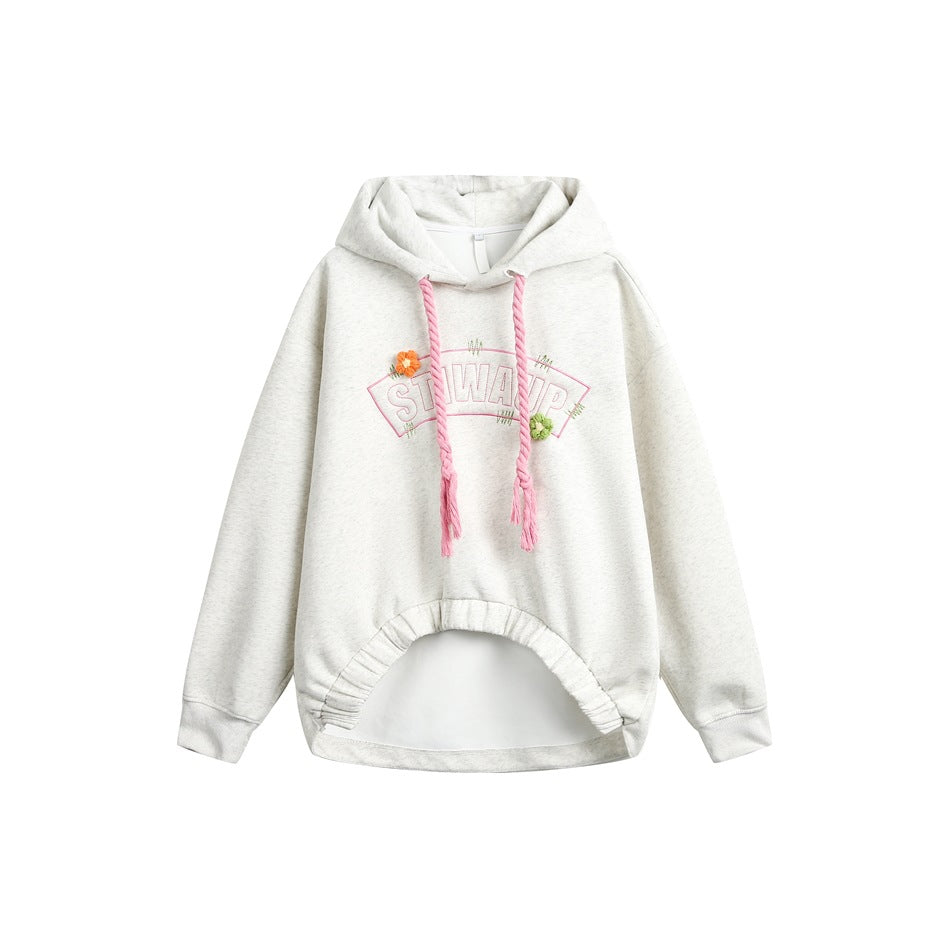 Heather gray pullover hoodie with pink rope drawstrings, embroidered lettering, small flower accents and gathered hem