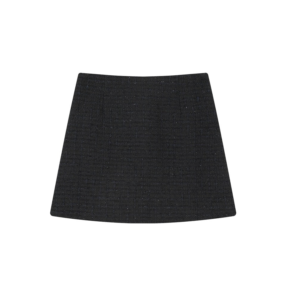 Black textured A-line mini skirt with subtle flecks shown flat on a white background