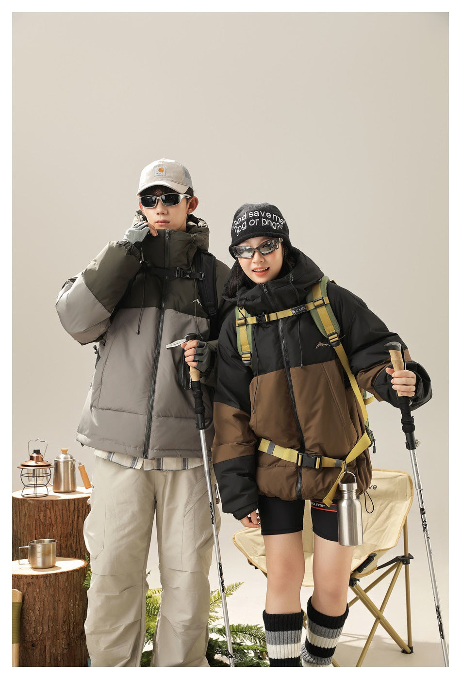 Two models pose in color-block hooded puffer jackets: olive and gray on the left, black and brown on the right.