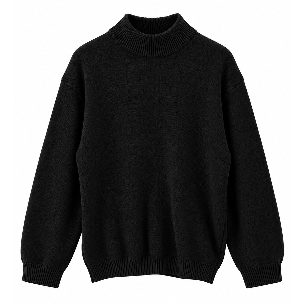 Black knit mock-neck sweater with ribbed collar, cuffs and hem, flat front view