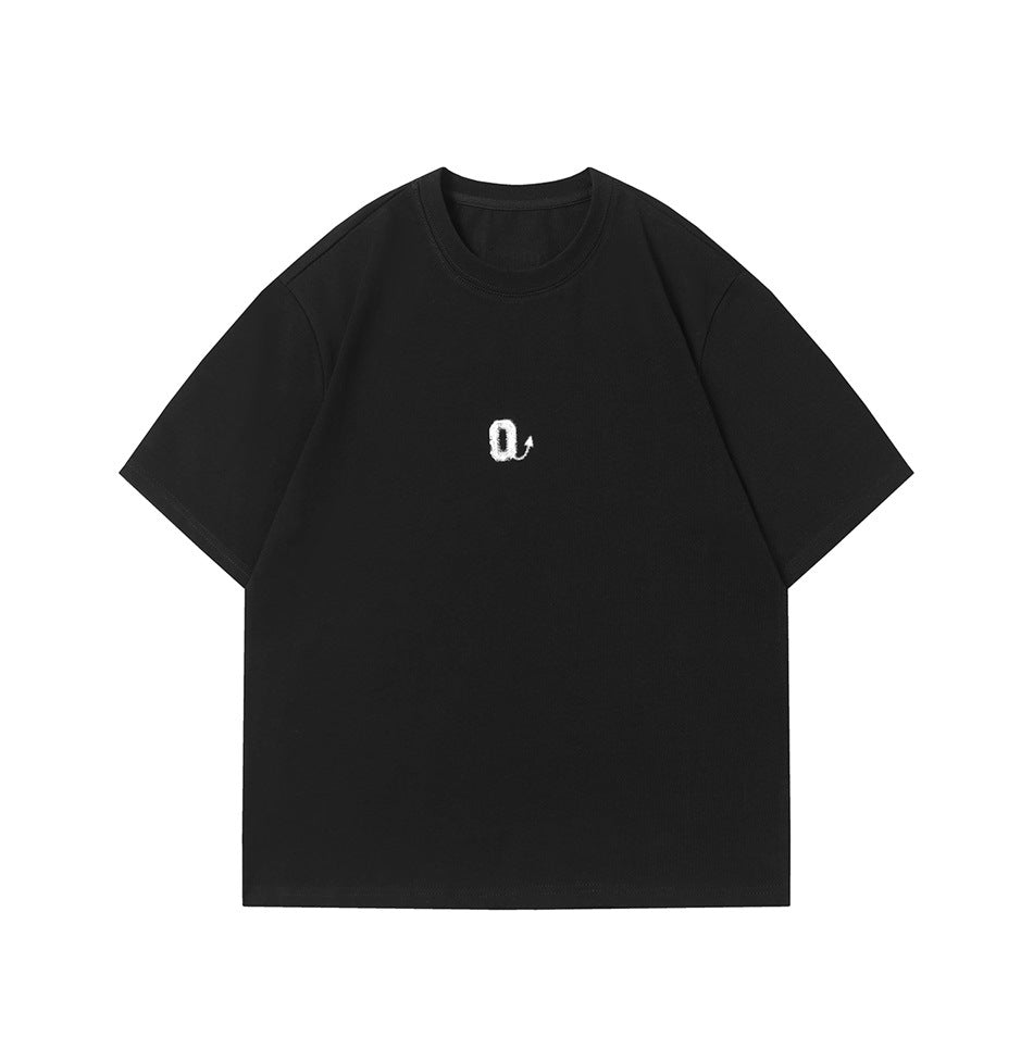 Front view of a black short-sleeve crew-neck T-shirt with a small white chest emblem.