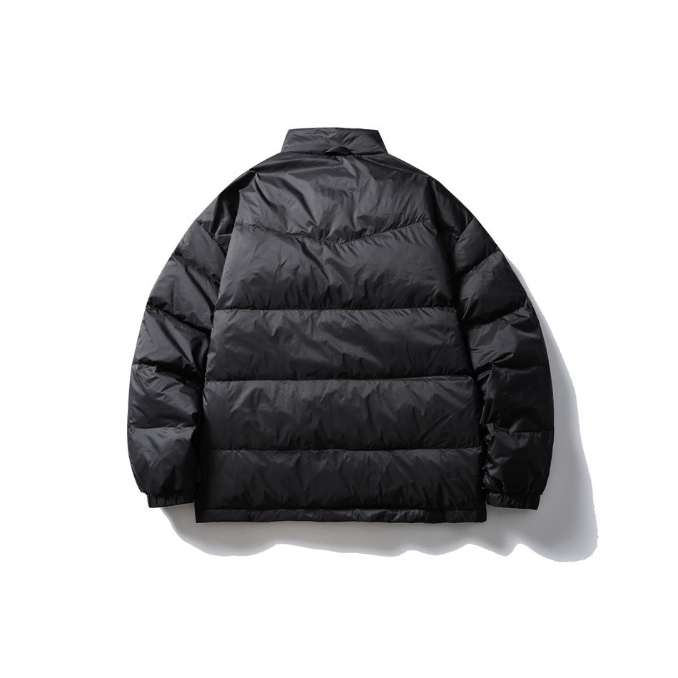 Back view of a black quilted puffer jacket with a stand collar and horizontal baffles, laid flat on white.