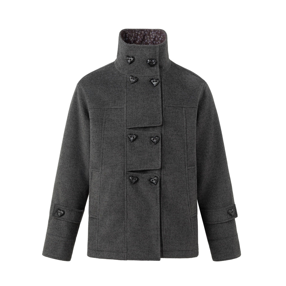 Dark gray double-breasted jacket with stand collar, heart-shaped buttons and buttoned cuff tabs, front flat view