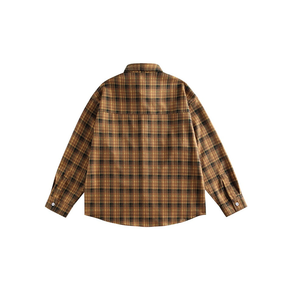 Back view of a long-sleeve shirt in brown, mustard, and dark green plaid, laid flat on white.