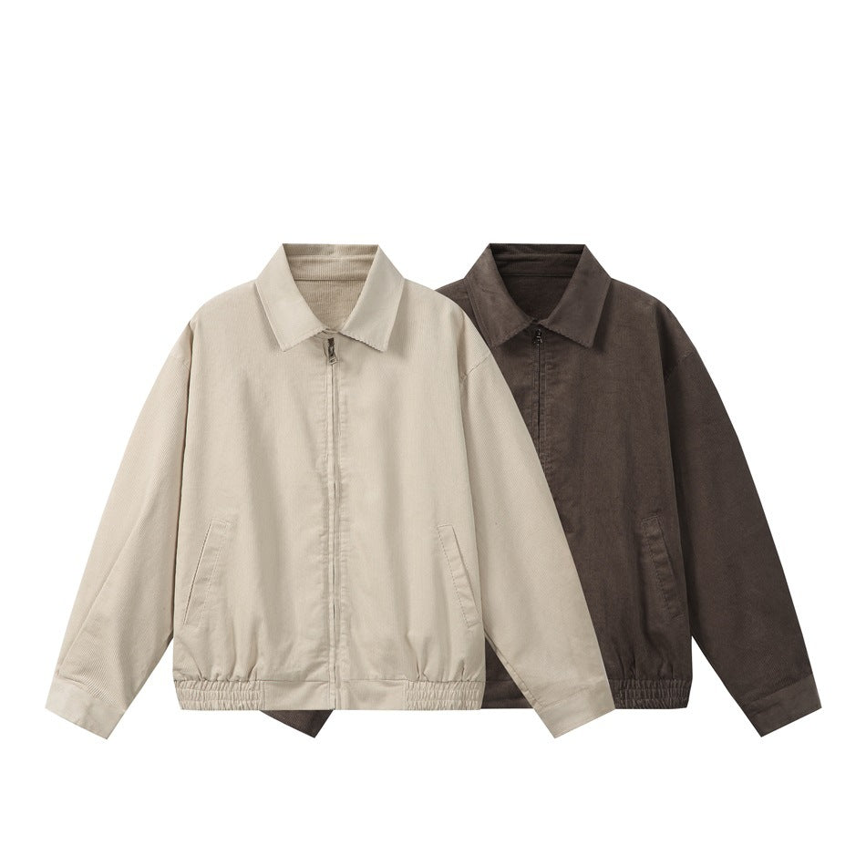 Two collared zip-front jackets shown together: one light beige and one dark brown.