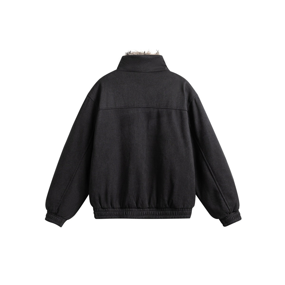 Back view of black bomber-style jacket with stand collar, back yoke seam and ribbed cuffs and hem