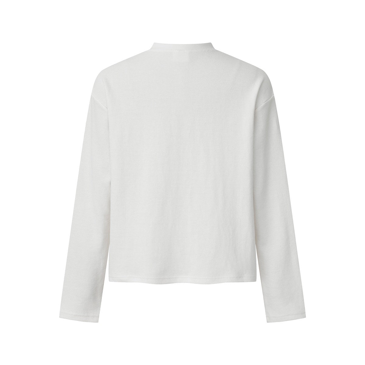 Back view of a plain white long-sleeve shirt with a short stand collar and textured surface.