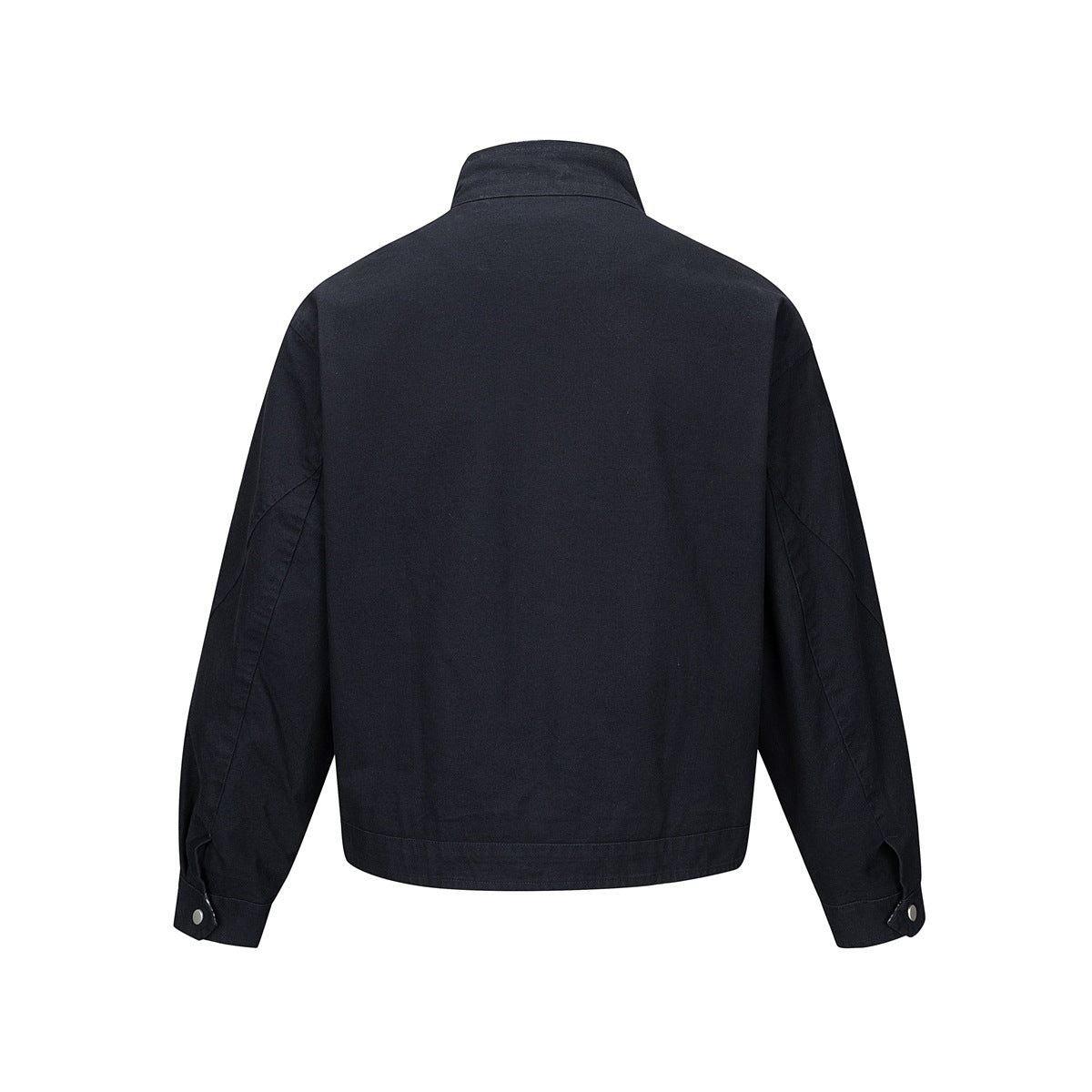 Back view of a dark navy stand-collar jacket with long sleeves and snap cuffs.