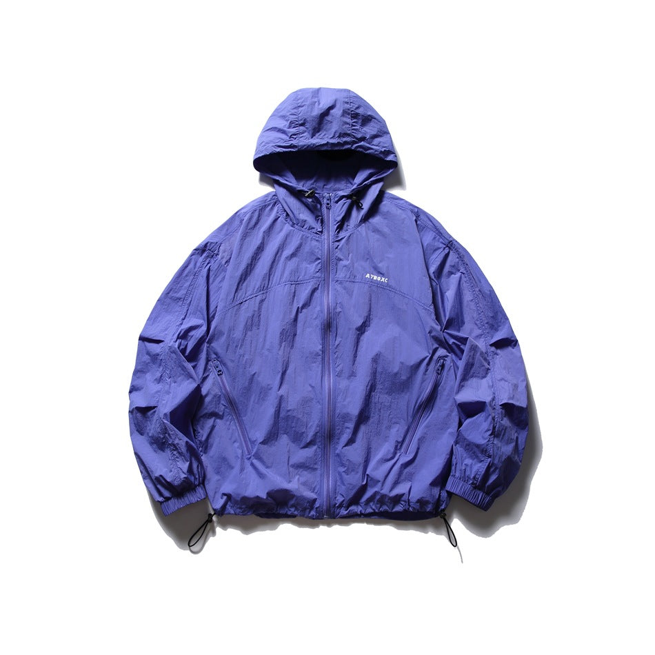 Blue hooded zip-up jacket with crinkled finish, diagonal zip pockets and drawcord hem, flat front view