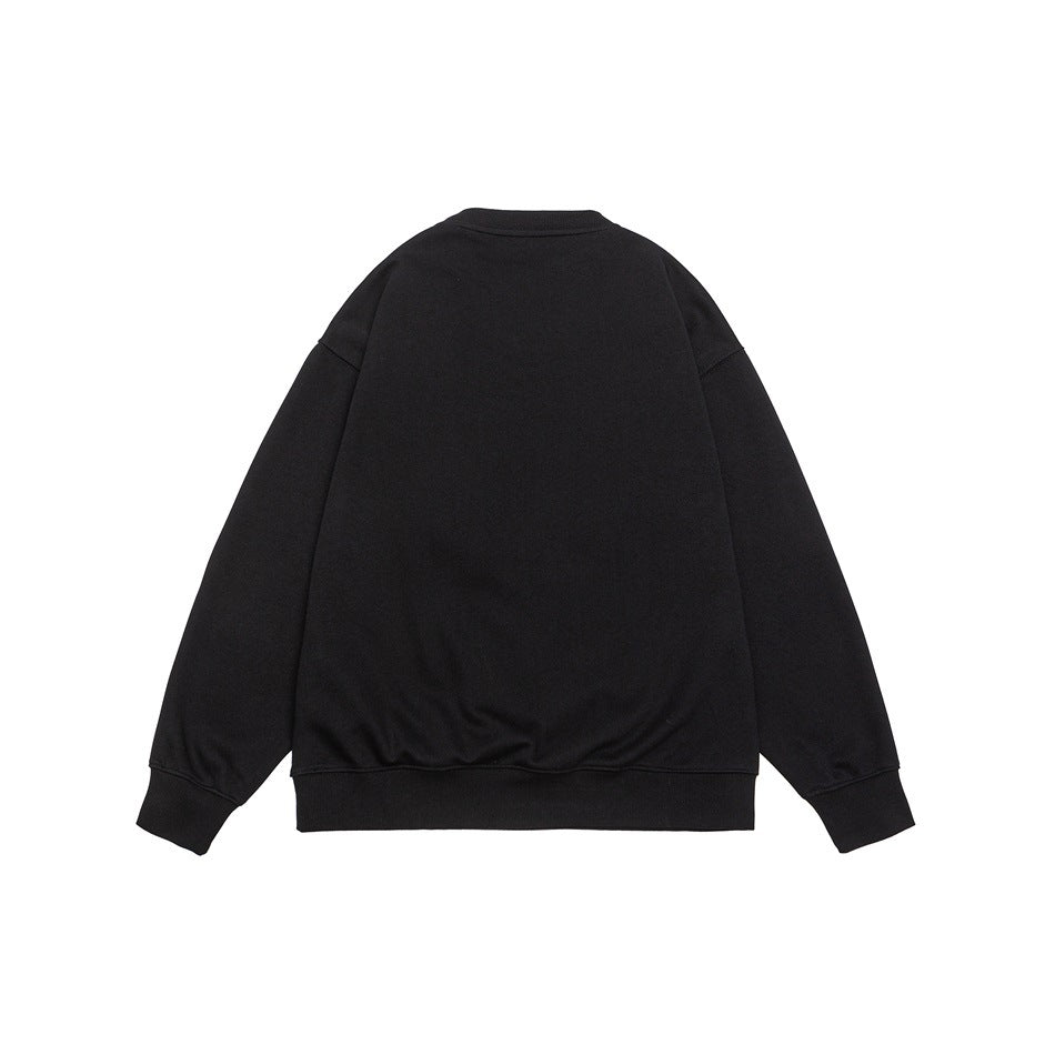 Back view of a plain black crewneck sweatshirt with long sleeves and ribbed cuffs and hem, laid flat on white.
