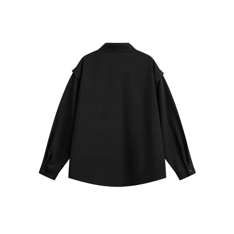 Back view of a black long-sleeve button-up shirt with a pointed collar and buttoned cuffs.