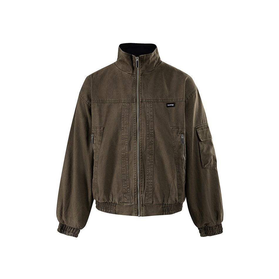 Coffee brown washed stand-collar zip jacket, front view, with zip pockets, sleeve flap pocket and elastic cuffs