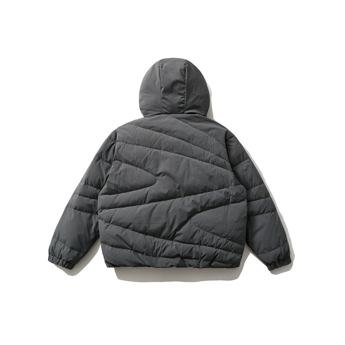 Charcoal-gray hooded puffer jacket shown from the back on a white background.