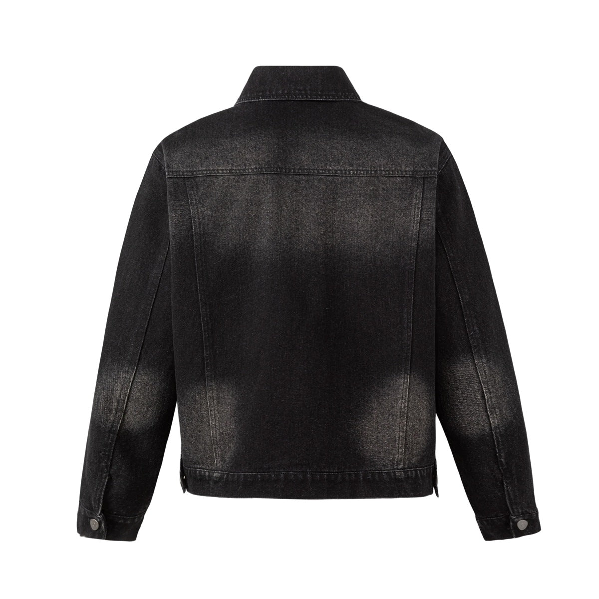 Back view of a black denim jacket with a pointed collar, long sleeves, and a plain panel across the back.