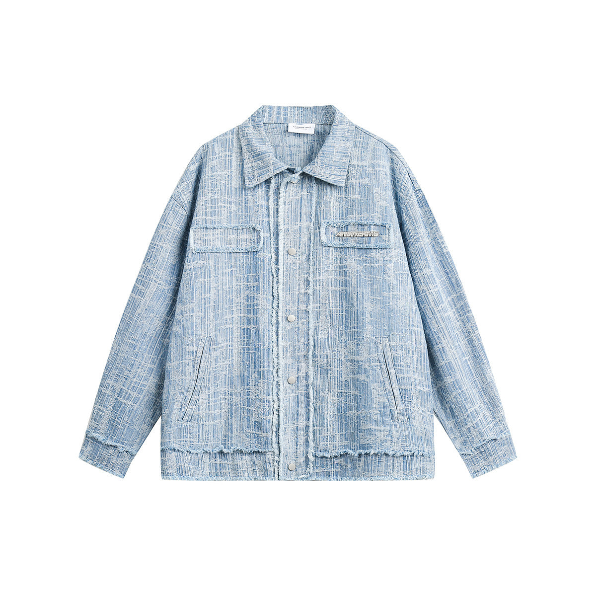 Light blue textured collared jacket with snap front, flap chest pockets and frayed edges, flat lay