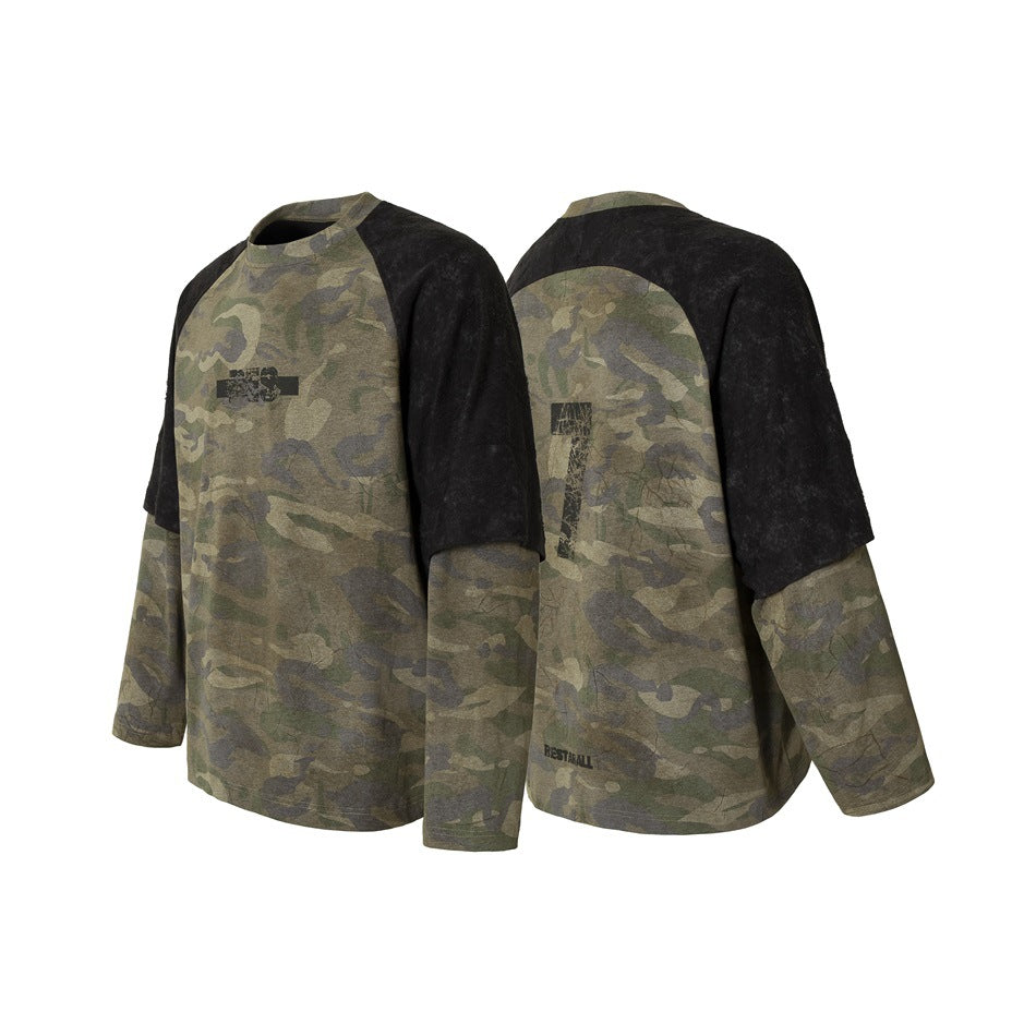 Two product views show the camouflage top's front and back, with black short sleeve panels and long sleeves.