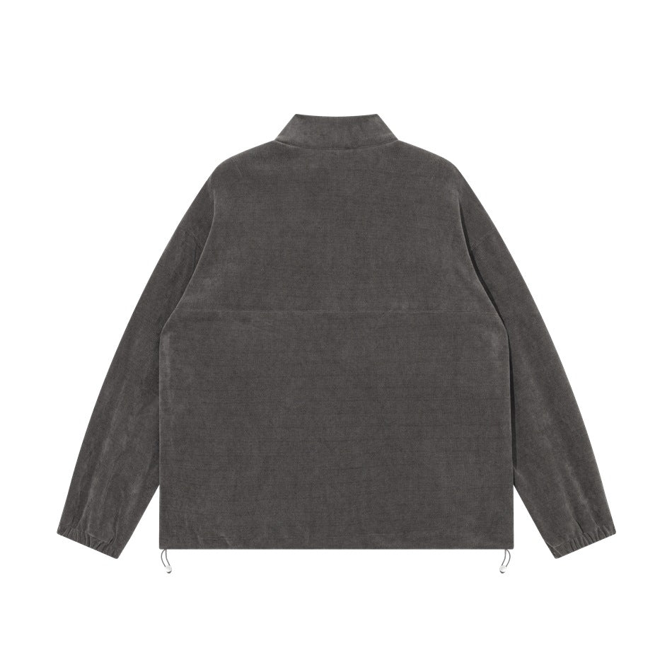 Back view of a charcoal gray stand-collar jacket with long sleeves and adjustable hem drawcords.