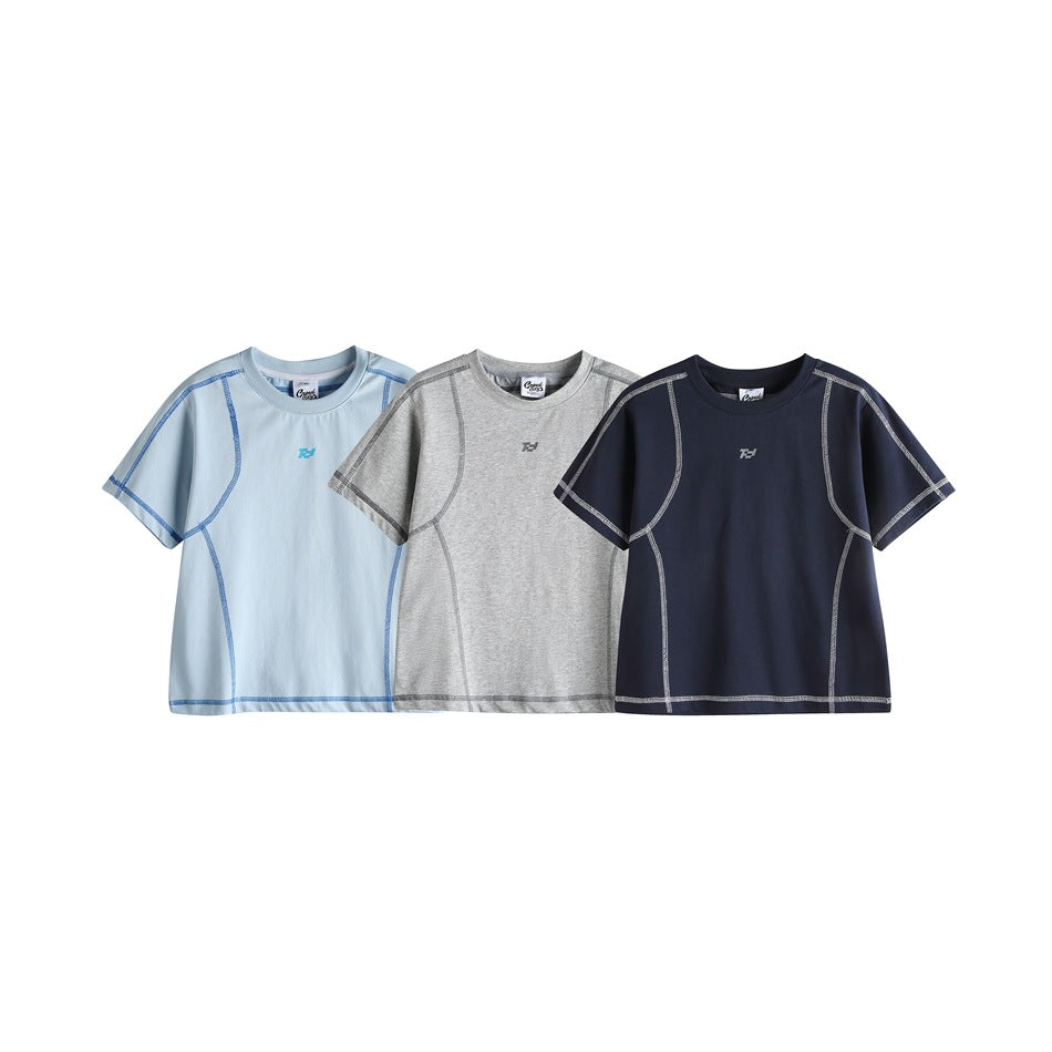 Front view of three short-sleeve crewneck tees in pale blue, gray, and navy with contrast seams.