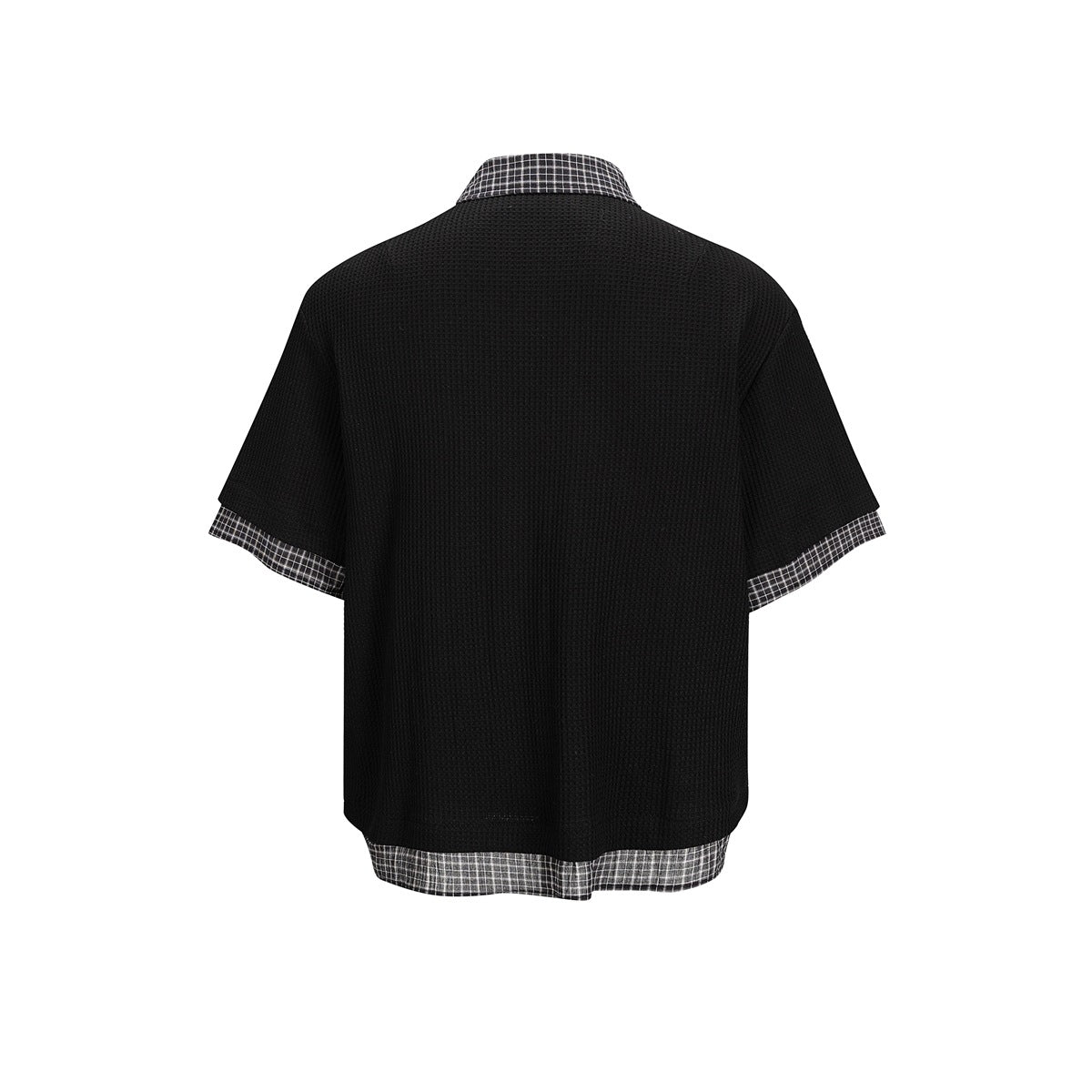 Back view of a black short-sleeve polo with gray plaid collar, sleeve trim, and hem.