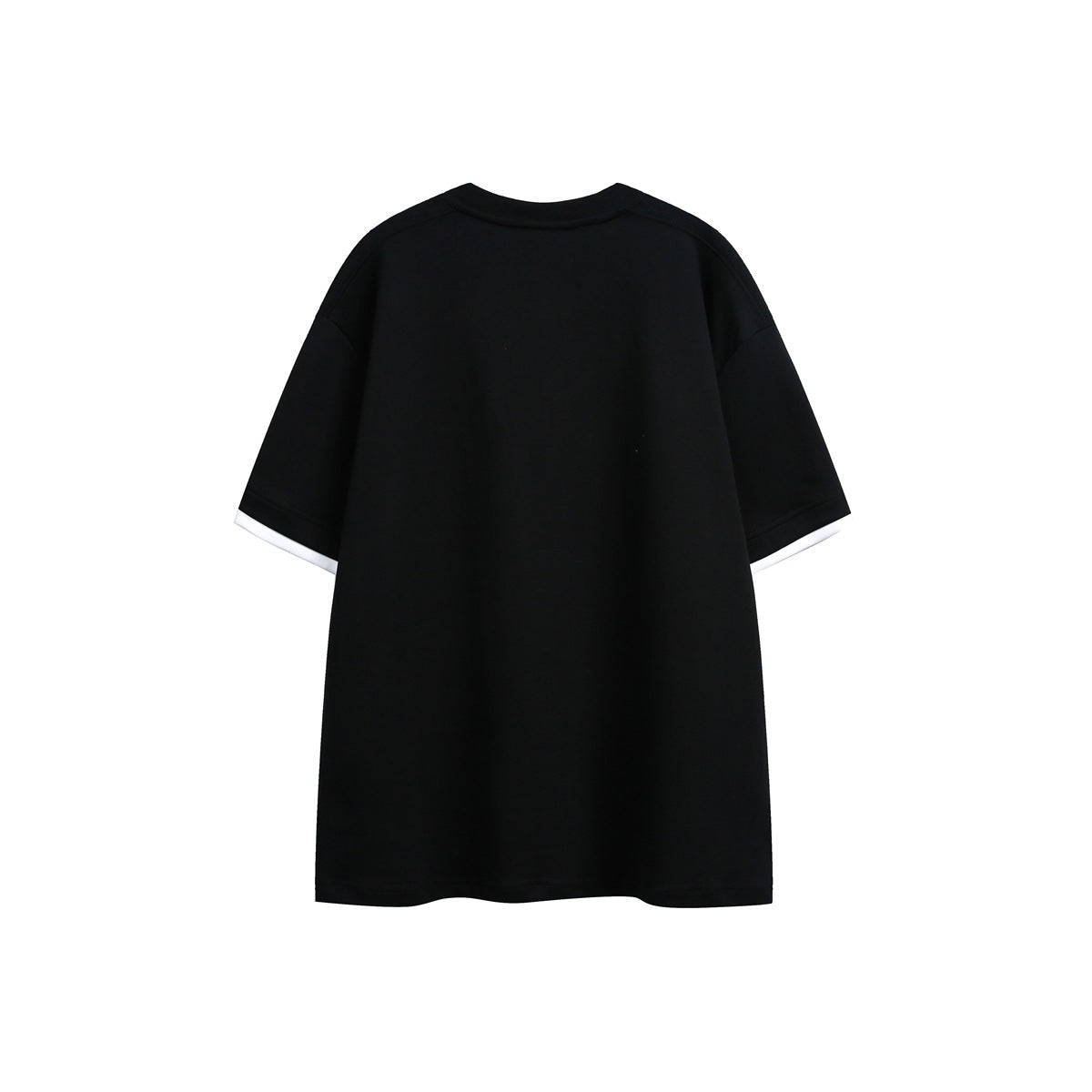 Back view of a plain black oversized short-sleeve tee with white contrast trim under the sleeve hems, shown flat.