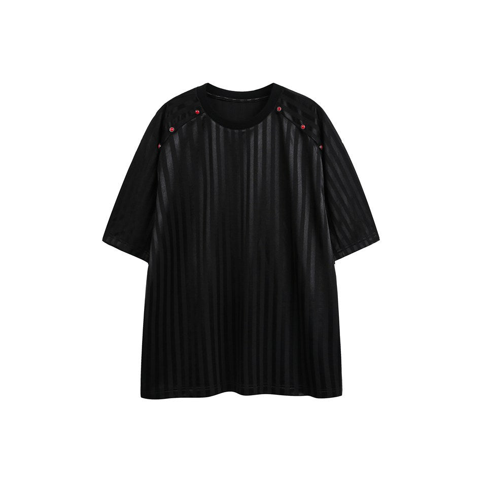 Front of a black striped short-sleeve T-shirt with small red studs along the shoulder seams